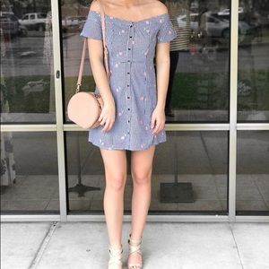 Everly gingham flower print off the shoulder dress